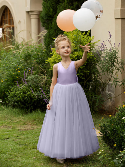 V-Neck Sleeveless Tulle Flower Girl Dresses with Satin Bowknot