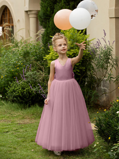 V-Neck Sleeveless Tulle Flower Girl Dresses with Satin Bowknot