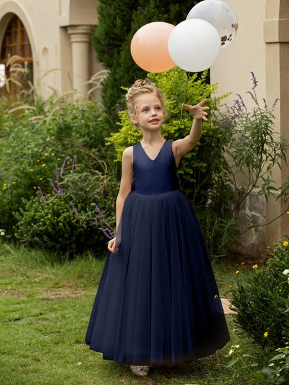 V-Neck Sleeveless Tulle Flower Girl Dresses with Satin Bowknot