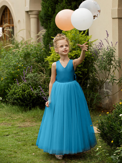 V-Neck Sleeveless Tulle Flower Girl Dresses with Satin Bowknot