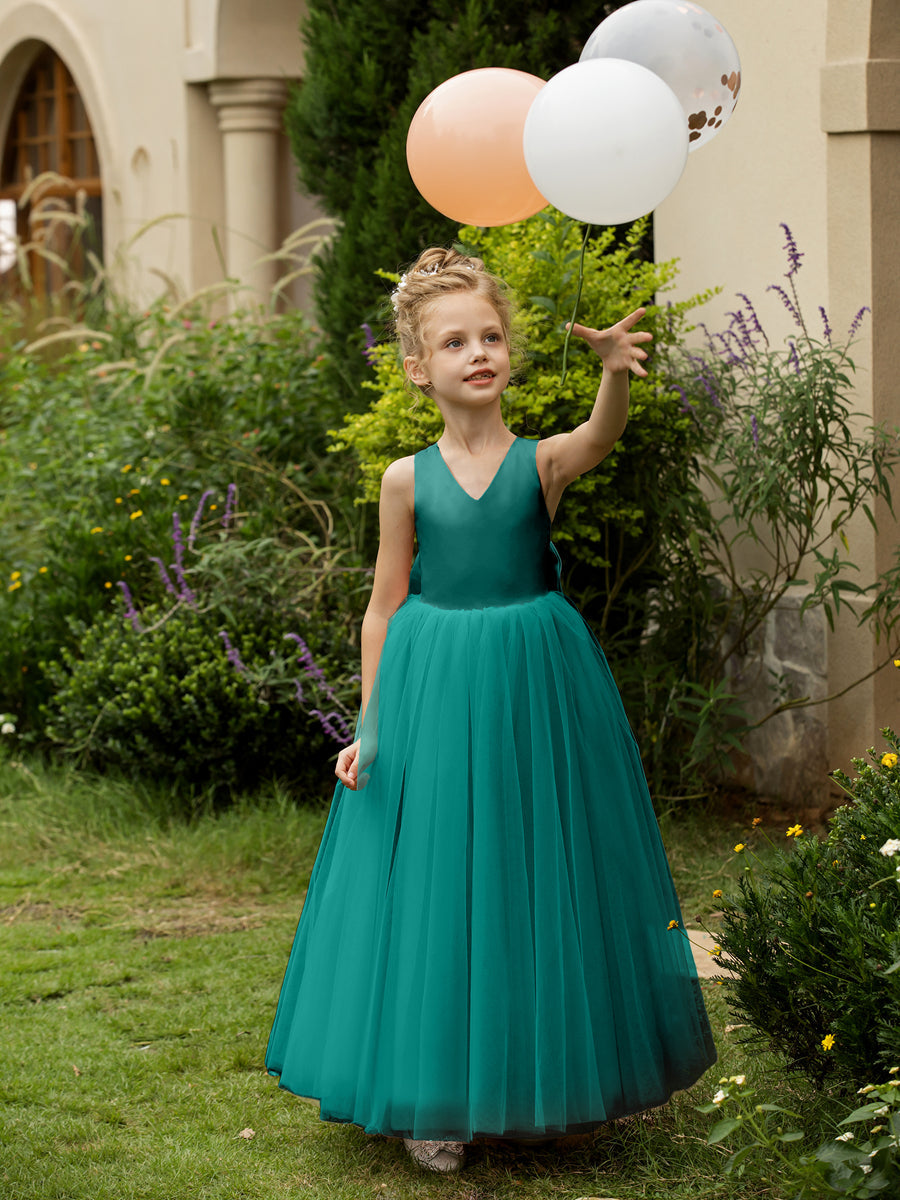 V-Neck Sleeveless Tulle Flower Girl Dresses with Satin Bowknot