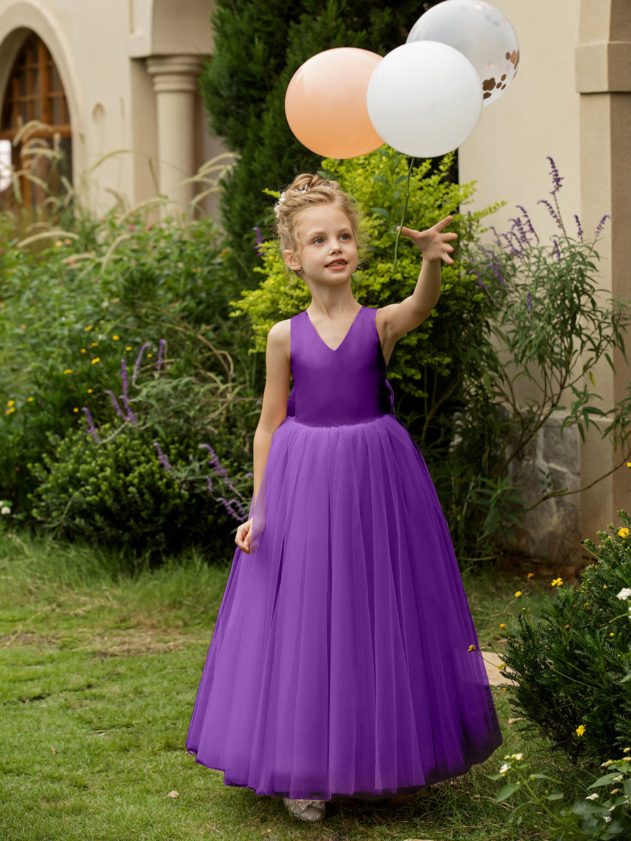 V-Neck Sleeveless Tulle Flower Girl Dresses with Satin Bowknot