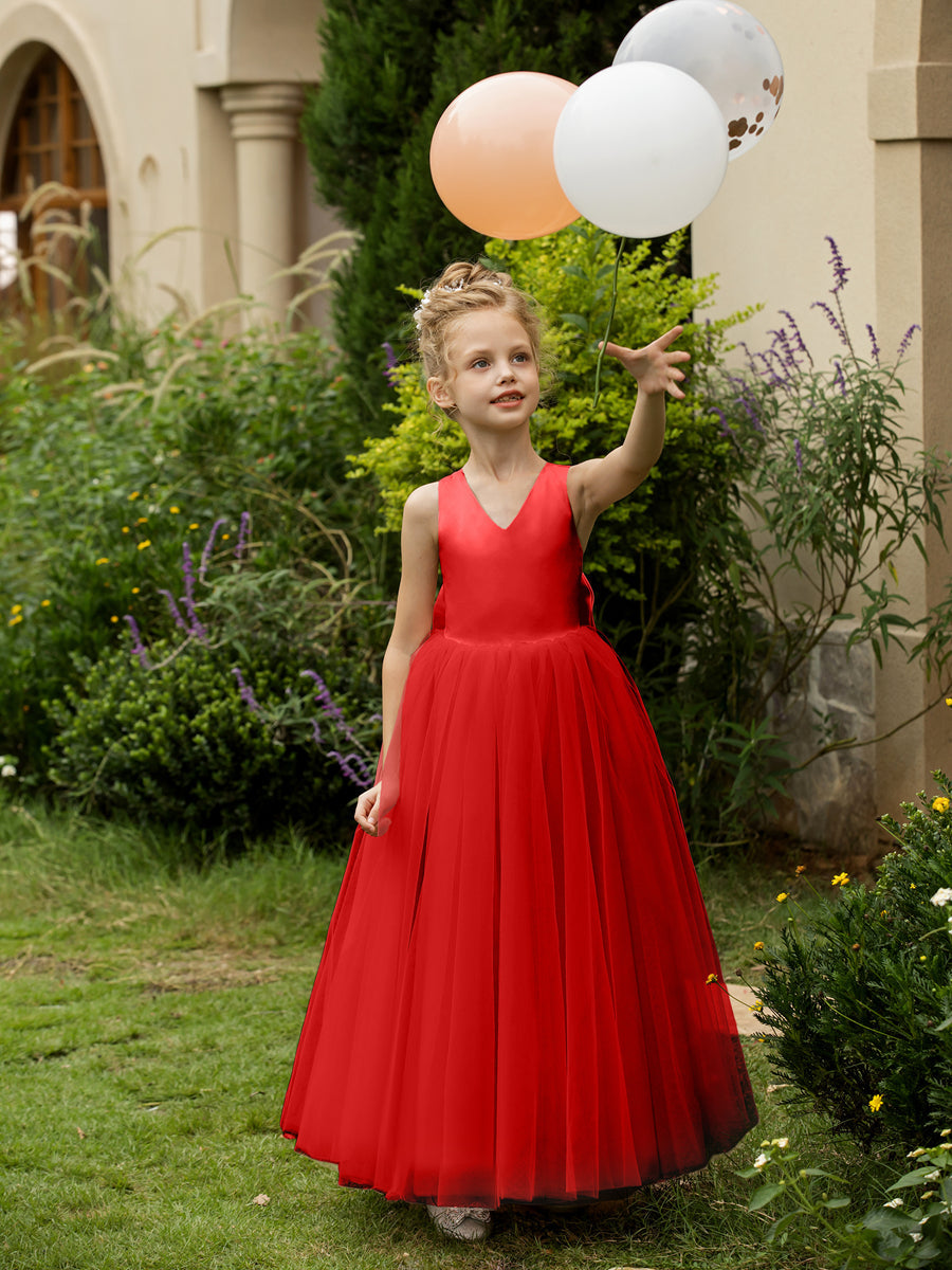 V-Neck Sleeveless Tulle Flower Girl Dresses with Satin Bowknot