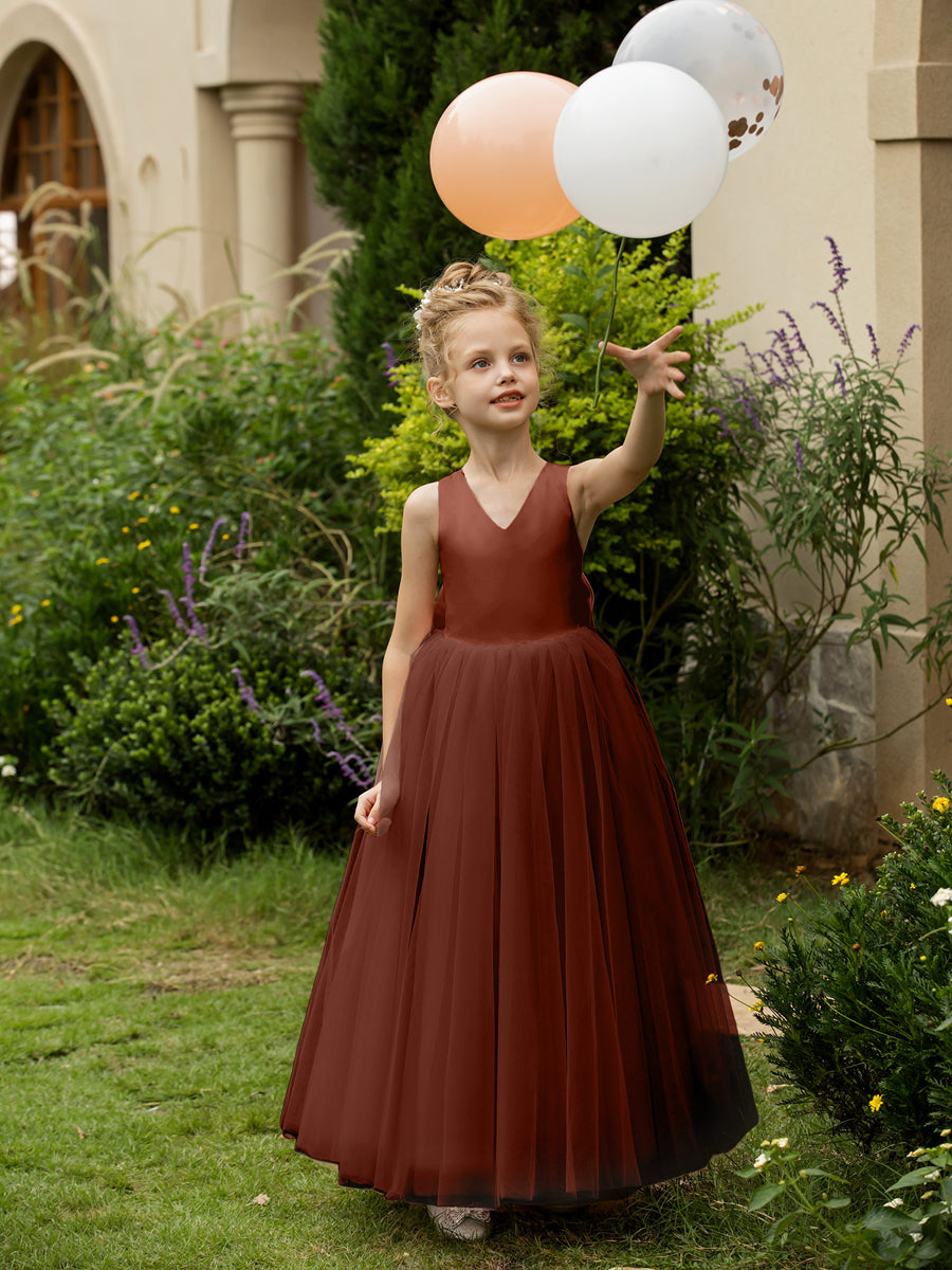 V-Neck Sleeveless Tulle Flower Girl Dresses with Satin Bowknot