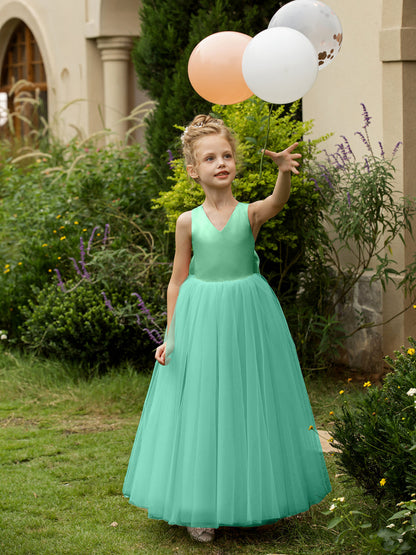 V-Neck Sleeveless Tulle Flower Girl Dresses with Satin Bowknot