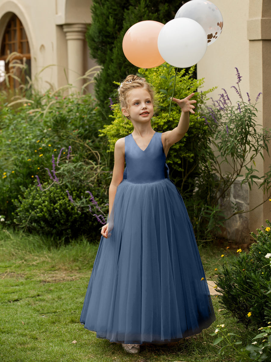 V-Neck Sleeveless Tulle Flower Girl Dresses with Satin Bowknot