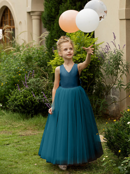 V-Neck Sleeveless Tulle Flower Girl Dresses with Satin Bowknot