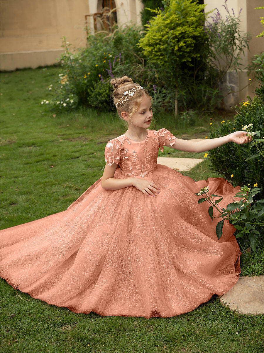 Crew Neck Tulle Flower Girl Dresses with Applique Satin Bowknot Lavetir