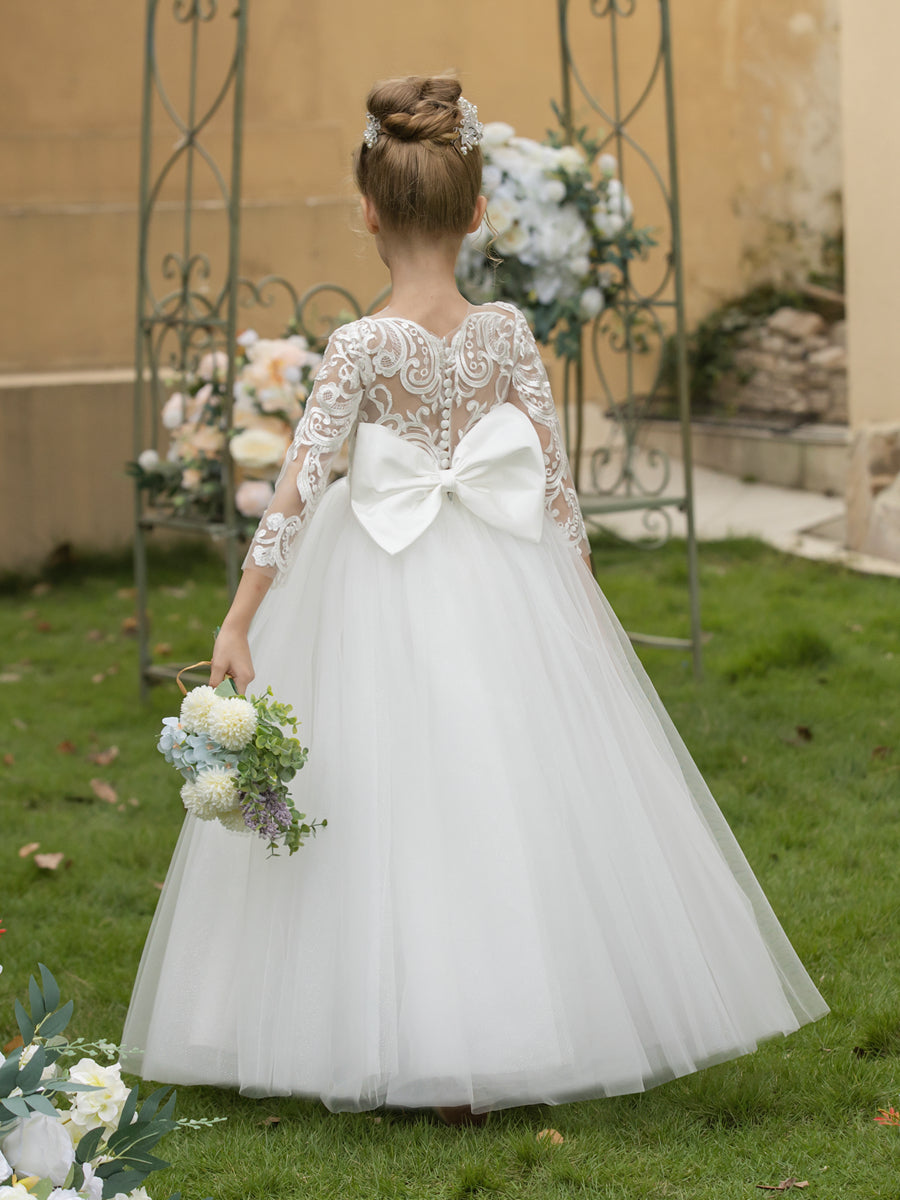 Crew Neck Tulle Flower Girl Dresses with Applique & Satin Bowknot