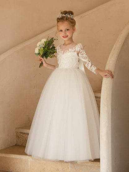 Crew Neck Tulle Flower Girl Dresses with Applique & Satin Bowknot