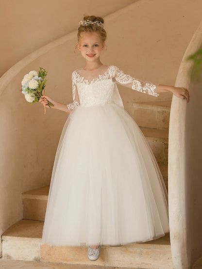 Crew Neck Tulle Flower Girl Dresses with Applique & Satin Bowknot