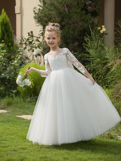 Crew Neck Tulle Flower Girl Dresses with Applique & Satin Bowknot