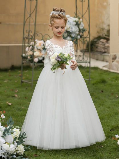 Crew Neck Tulle Flower Girl Dresses with Applique & Satin Bowknot