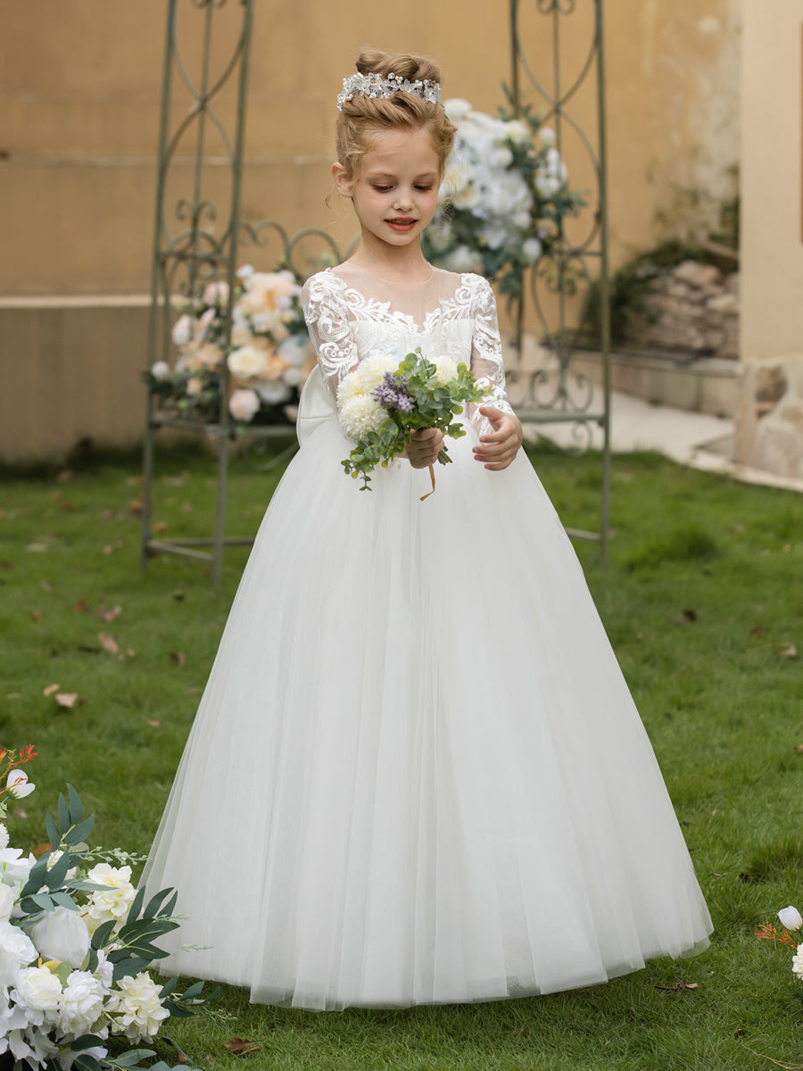 Crew Neck Tulle Flower Girl Dresses with Applique & Satin Bowknot