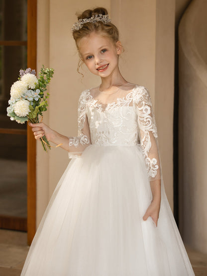 Crew Neck Tulle Flower Girl Dresses with Applique & Satin Bowknot