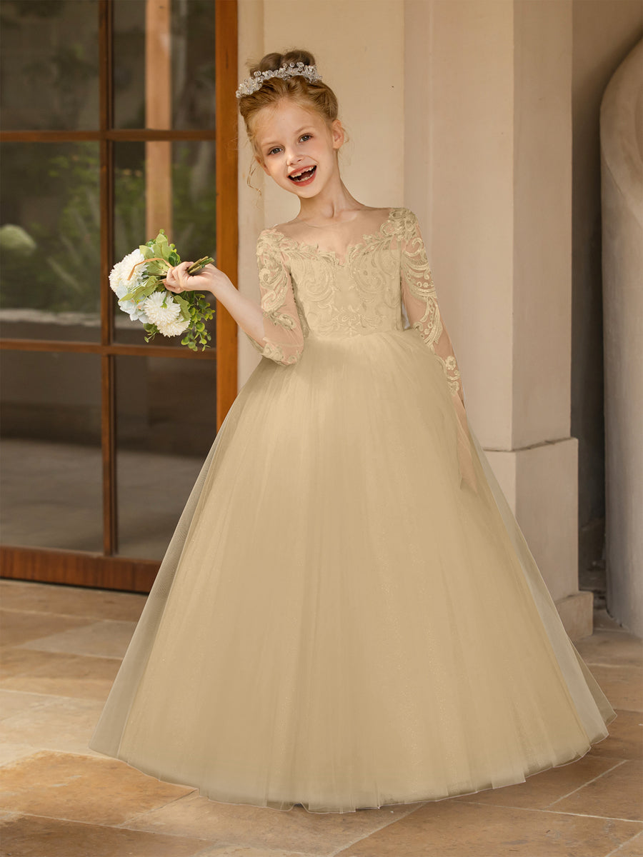 Crew Neck Tulle Flower Girl Dresses with Applique & Satin Bowknot