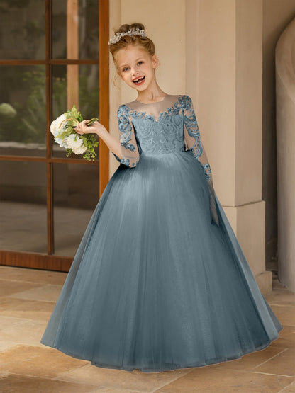 Crew Neck Tulle Flower Girl Dresses with Applique & Satin Bowknot