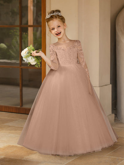 Crew Neck Tulle Flower Girl Dresses with Applique & Satin Bowknot