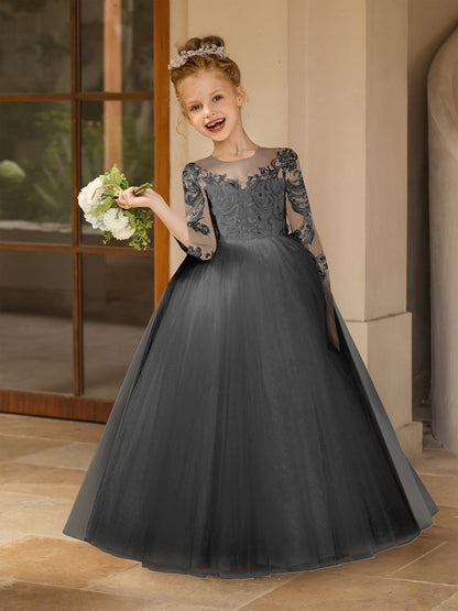 Crew Neck Tulle Flower Girl Dresses with Applique & Satin Bowknot