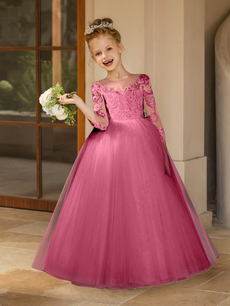 Crew Neck Tulle Flower Girl Dresses with Applique & Satin Bowknot