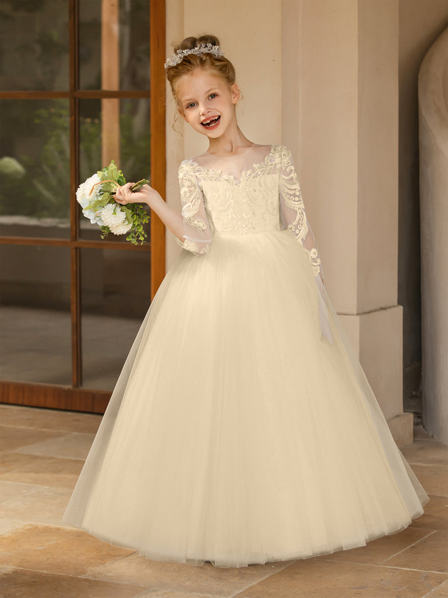 Crew Neck Tulle Flower Girl Dresses with Applique & Satin Bowknot