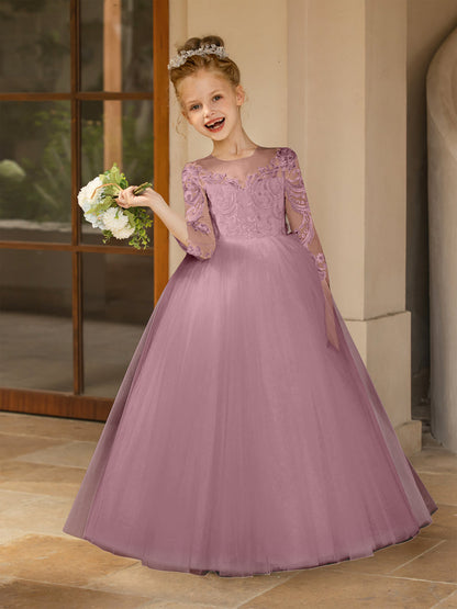 Crew Neck Tulle Flower Girl Dresses with Applique & Satin Bowknot