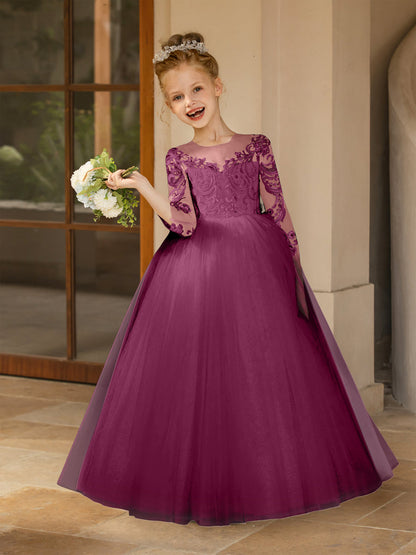 Crew Neck Tulle Flower Girl Dresses with Applique & Satin Bowknot