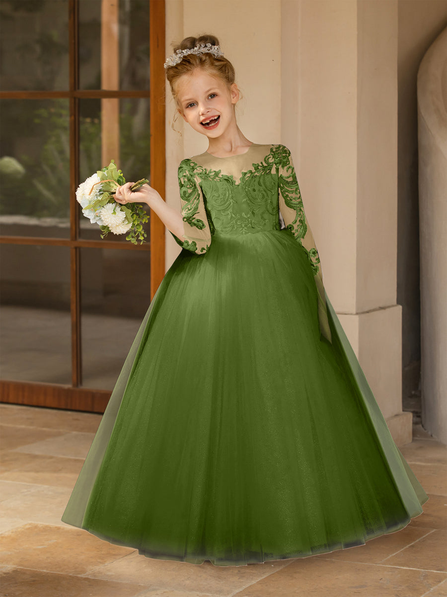 Crew Neck Tulle Flower Girl Dresses with Applique & Satin Bowknot