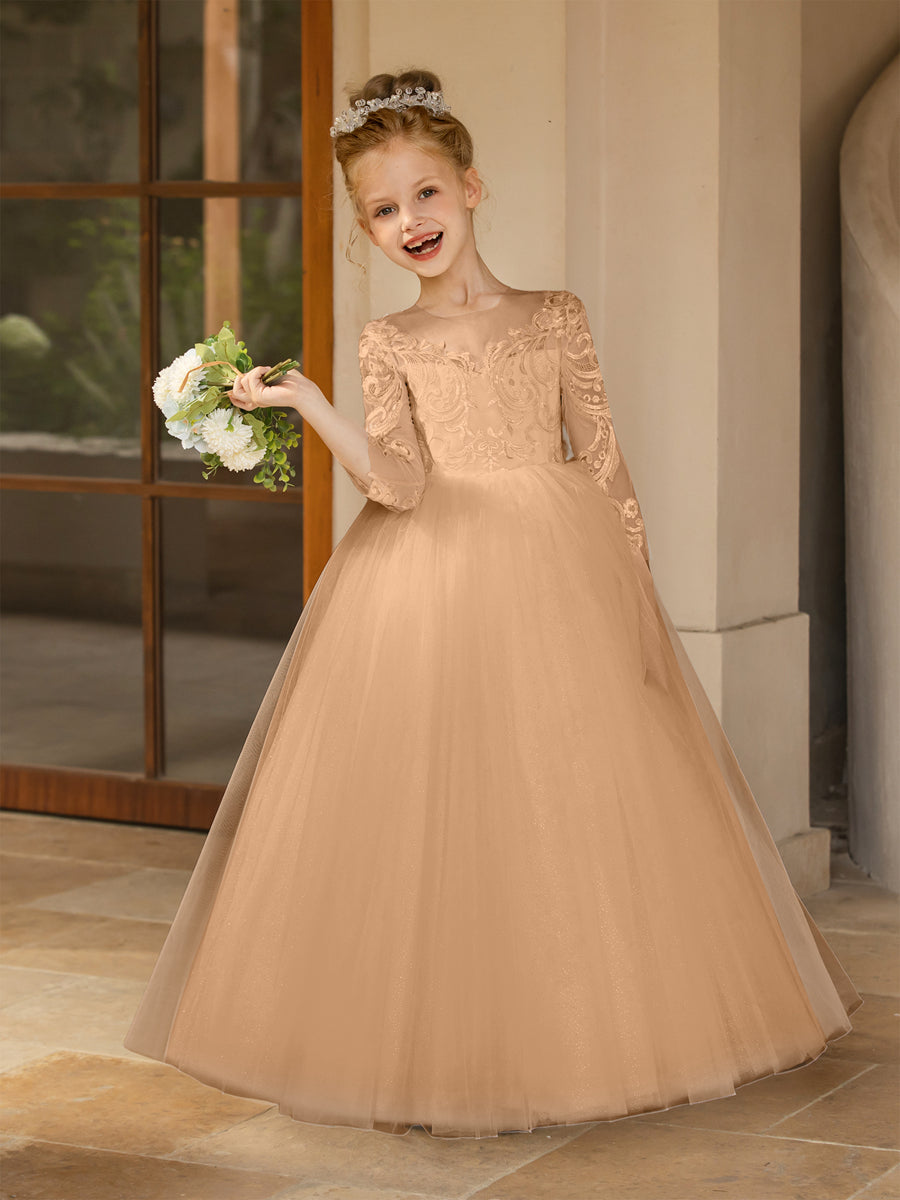 Crew Neck Tulle Flower Girl Dresses with Applique & Satin Bowknot