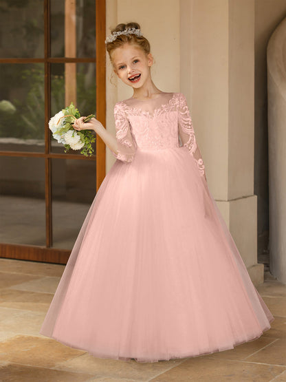 Crew Neck Tulle Flower Girl Dresses with Applique & Satin Bowknot