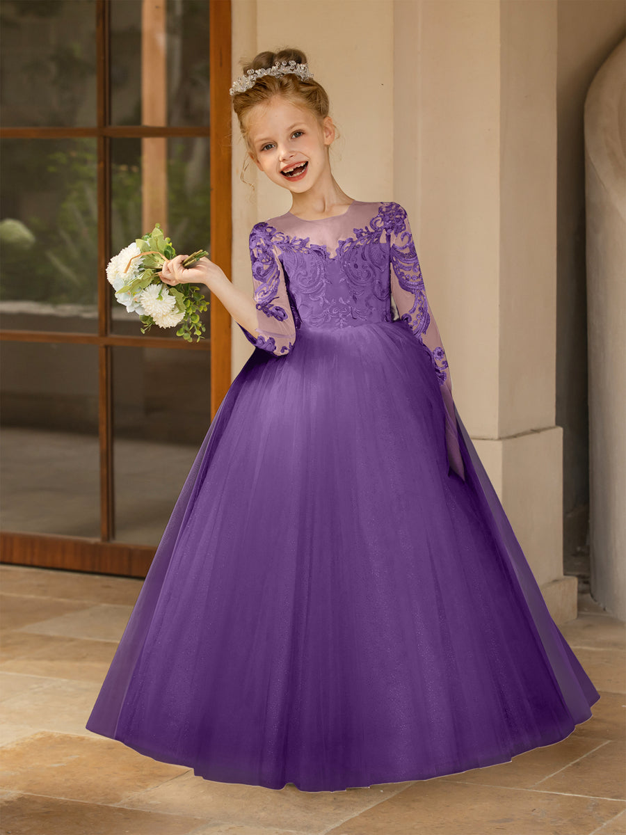 Crew Neck Tulle Flower Girl Dresses with Applique & Satin Bowknot