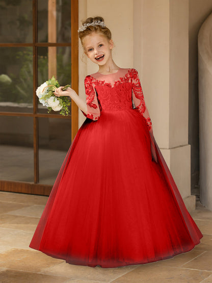 Crew Neck Tulle Flower Girl Dresses with Applique & Satin Bowknot