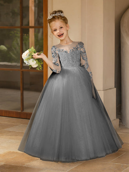 Crew Neck Tulle Flower Girl Dresses with Applique & Satin Bowknot