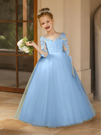 Crew Neck Tulle Flower Girl Dresses with Applique & Satin Bowknot