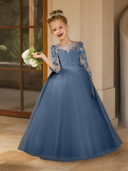 Crew Neck Tulle Flower Girl Dresses with Applique & Satin Bowknot