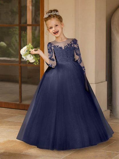 Crew Neck Tulle Flower Girl Dresses with Applique & Satin Bowknot