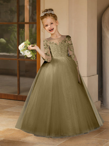 Crew Neck Tulle Flower Girl Dresses with Applique & Satin Bowknot