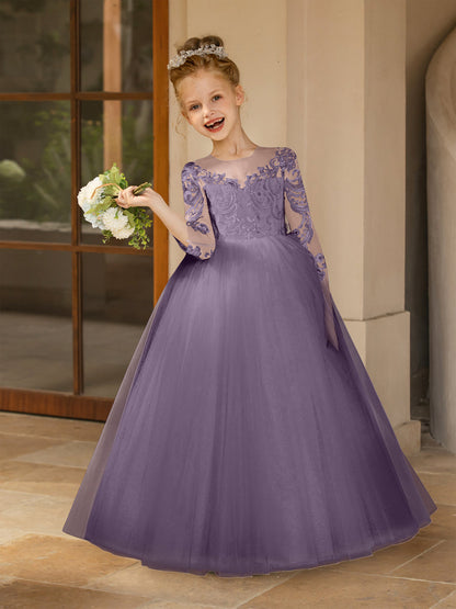 Crew Neck Tulle Flower Girl Dresses with Applique & Satin Bowknot