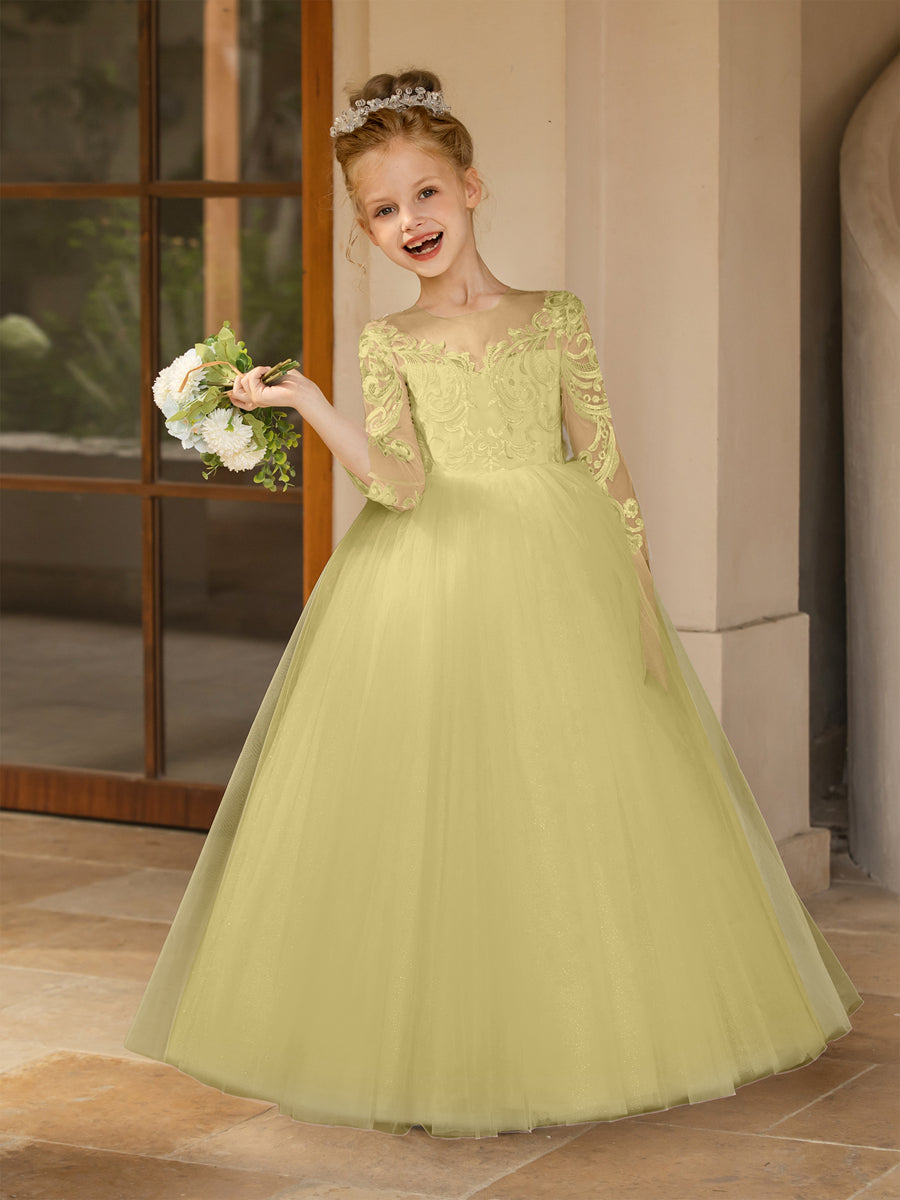 Crew Neck Tulle Flower Girl Dresses with Applique & Satin Bowknot