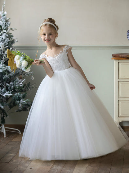 Crew Neck Tulle Flower Girl Dresses with Applique & Bowknot