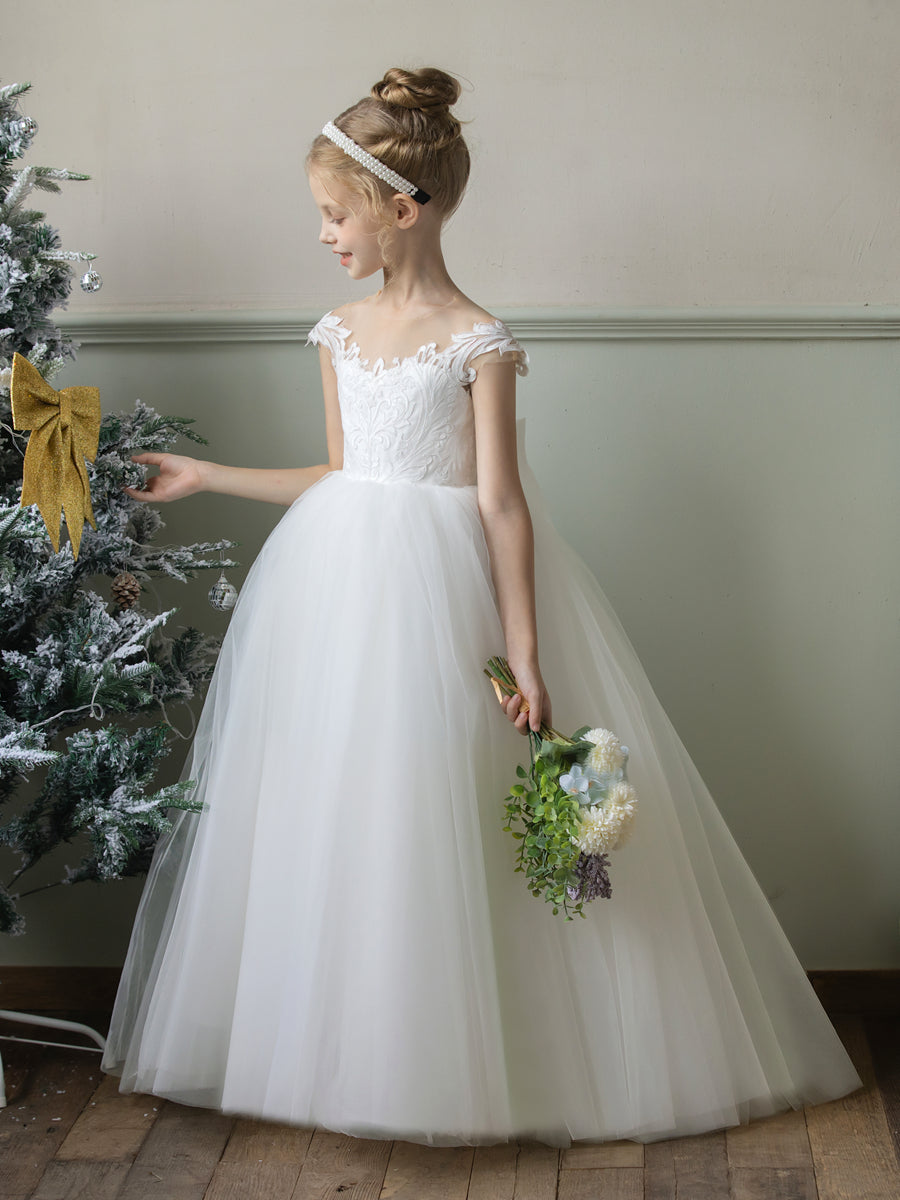 Crew Neck Tulle Flower Girl Dresses with Applique & Bowknot