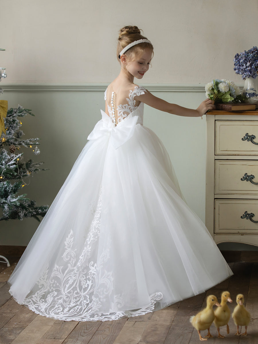 Crew Neck Tulle Flower Girl Dresses with Applique & Bowknot