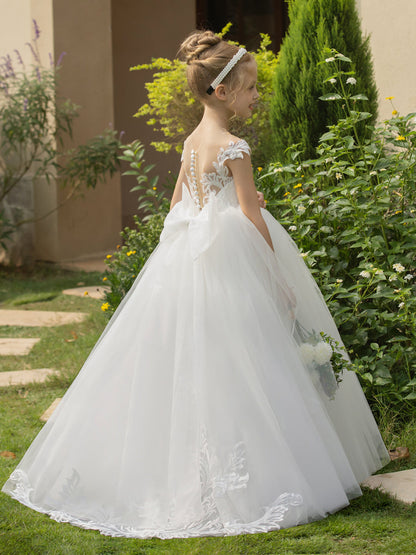 Crew Neck Tulle Flower Girl Dresses with Applique & Bowknot