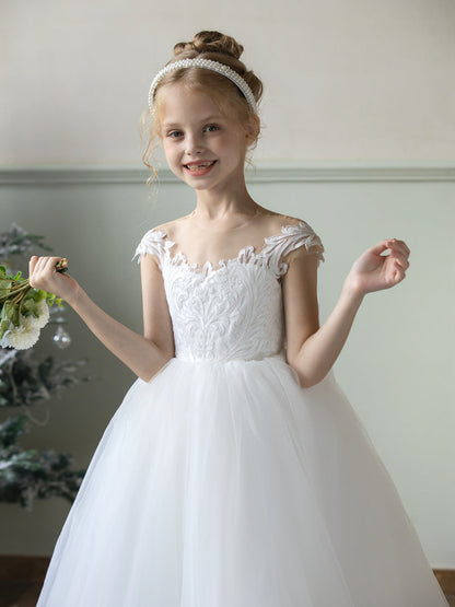 Crew Neck Tulle Flower Girl Dresses with Applique & Bowknot