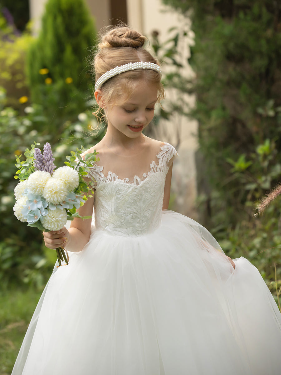 Crew Neck Tulle Flower Girl Dresses with Applique & Bowknot