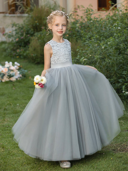 Crew Neck Tulle Flower Girl Dresses with Applique & Sash