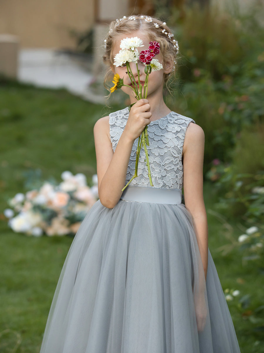 Crew Neck Tulle Flower Girl Dresses with Applique & Sash