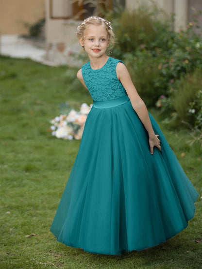 Crew Neck Tulle Flower Girl Dresses with Applique & Sash