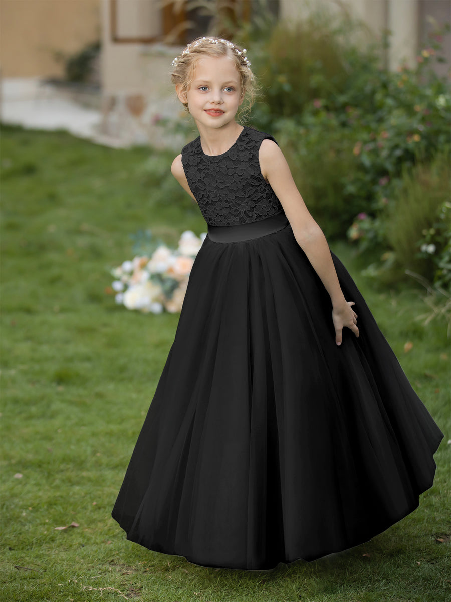 Crew Neck Tulle Flower Girl Dresses with Applique & Sash