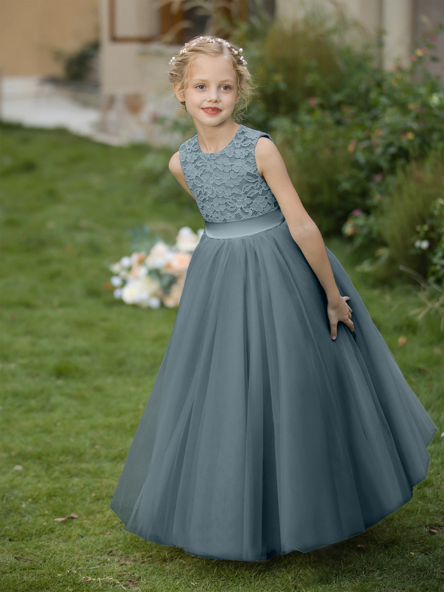 Crew Neck Tulle Flower Girl Dresses with Applique & Sash